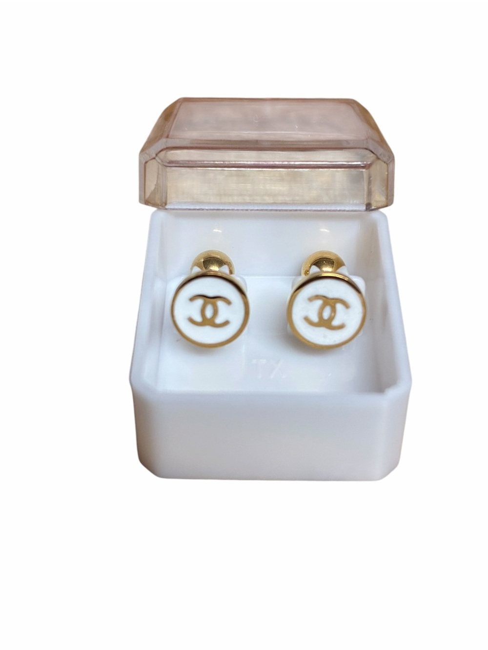 ✨ChaneI. Stainless Steel White/Gold Screw Back / Safety Back CC Logo Earrings